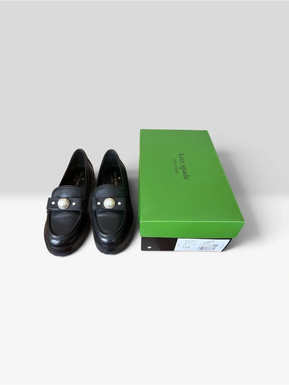 kate spade Black Leather Loafers with Pearl Accent